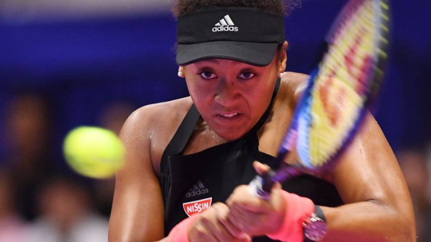 Naomi Osaka plays a shot from Barbora Strycova of Czech Republic in their quarterfinal match at the Toray Pan Pacific Open on Friday. Naomi Osaka rolls into Toray Pan Pacific Open semis