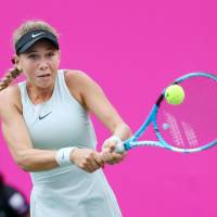 Amanda Anisimova hits a return to Zhang Shuai in the Japan Women’s Open semifinals on Saturday in Hiroshima. Amanda Anisimova advances to Japan Women's Open final