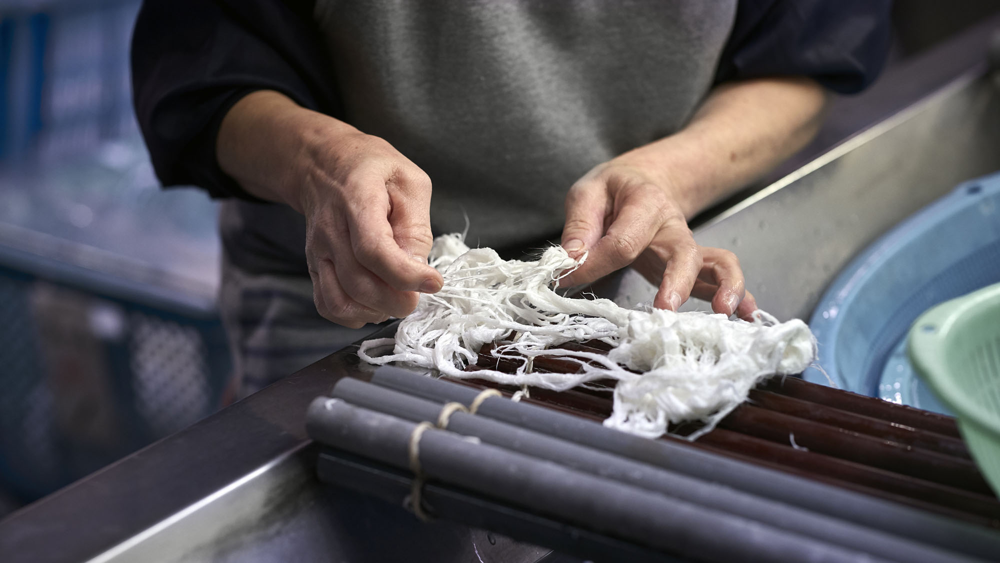 Fibers are separated during the paper-making process at Awagami Factory.