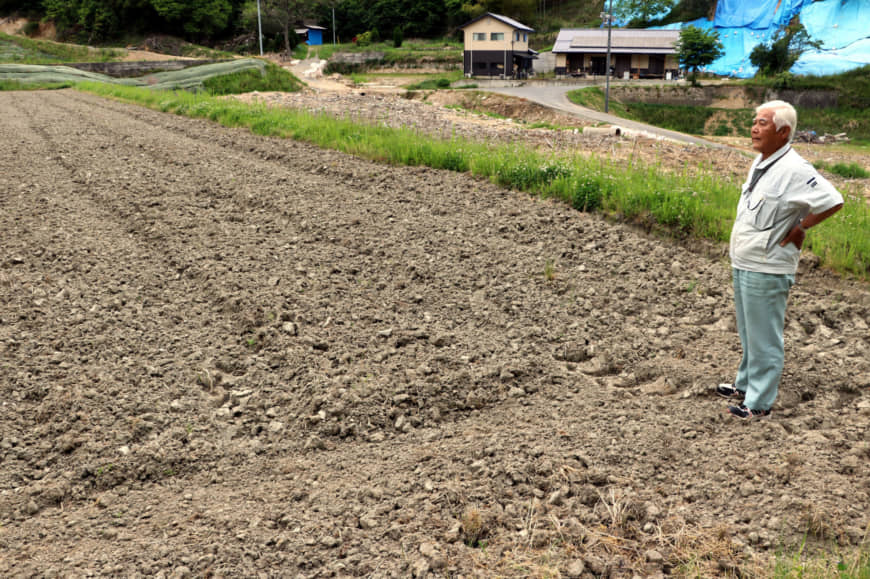 Masahiro Sakata, who heads the Agricultural Producers' Cooperative Corporation Uyama, looks at a rice field that will be planted with soybeans this year because of the damage caused by heavy rain and flooding last year. | CHUGOKU SHIMBUN