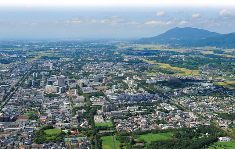 An aerial view of the city of Tsukuba, where more than 20,000 researchers reside