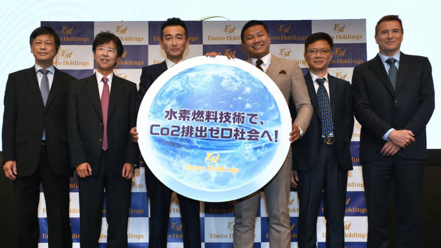 From left: Eneco Refresh Ltd. CEO Henry Heng, Shinichi Sugiura, professor of the Department of Clinical Pharmacy at Doshisha Women's College of Liberal Arts, Eneco Holdings Inc. CEO Yasuhiro Yamamoto, DNM Corp. Public Company CEO Somvang Khurulat, Man Shun Group Ltd. Chairman Lee Mun Bun and Eneco Energy Ltd. CEO Colin Moran | YOSHIAKI MIURA