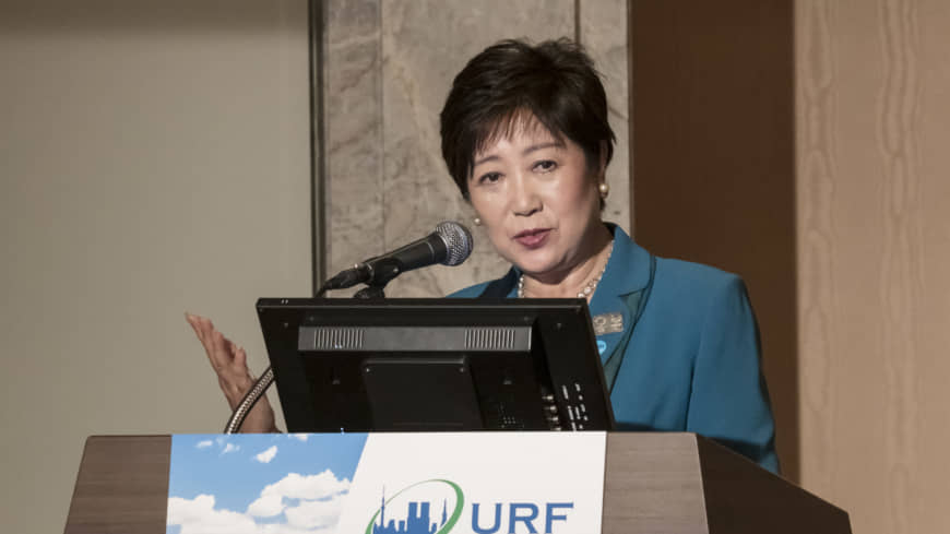 Tokyo Gov. Yuriko Koike speaks about the metropolitan government’s disaster prevention efforts at the mayoral roundtable session at the Urban Resilience Forum Tokyo on May 21. | TOKYO METROPOLITAN GOVERNMENT
