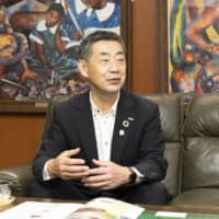 President of Saraya Co. Yusuke Saraya talks during an interview with The Japan Times. He notes that the company makes proactive efforts to health, social and environmental issues. | SARAYA CO.
