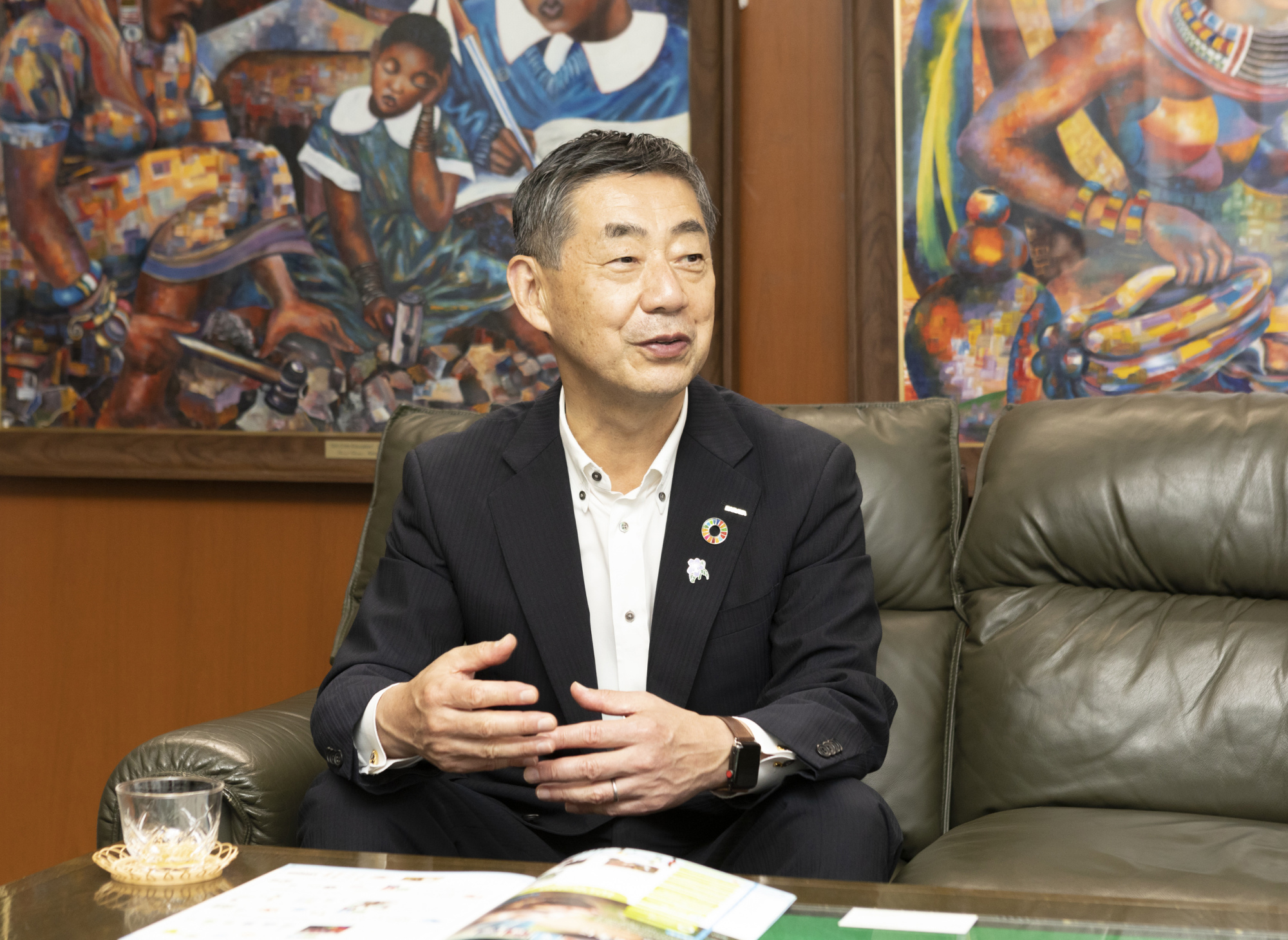 President of Saraya Co. Yusuke Saraya talks during an interview with The Japan Times. He notes that the company makes proactive efforts to health, social and environmental issues. | SARAYA CO.