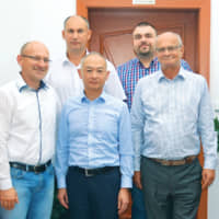 Yokogawa Czech Republic Management Team. First row from left: Ladislav Nagy, Manager Operations; Yuko Iizuka, Managing Director; Ján Veselý, Country Manager. Second row from left: Jaroslav Sucháň, Sales Manager; Balazs Szabomihaly, QHSE Manager