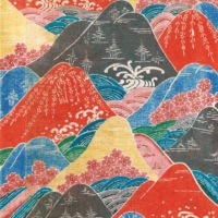 Bingata Textile Fragment with Cherry Blossom, Wave and Mountain Motifs on a Variegated Ground, 19th century, Ryukyu Kingdom.  Exhibited from Dec. 16 to Jan. 18. | SUNTORY MUSEUM OF ART