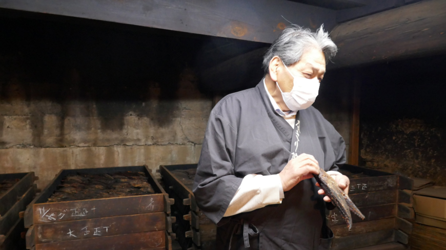 Yukiaki Tenpaku of Maruten Co. explains the firm's smoking and fermenting process used to make dried bonito skipjack for dashi, a cornerstone of Japanese cuisine | JANE KITAGAWA