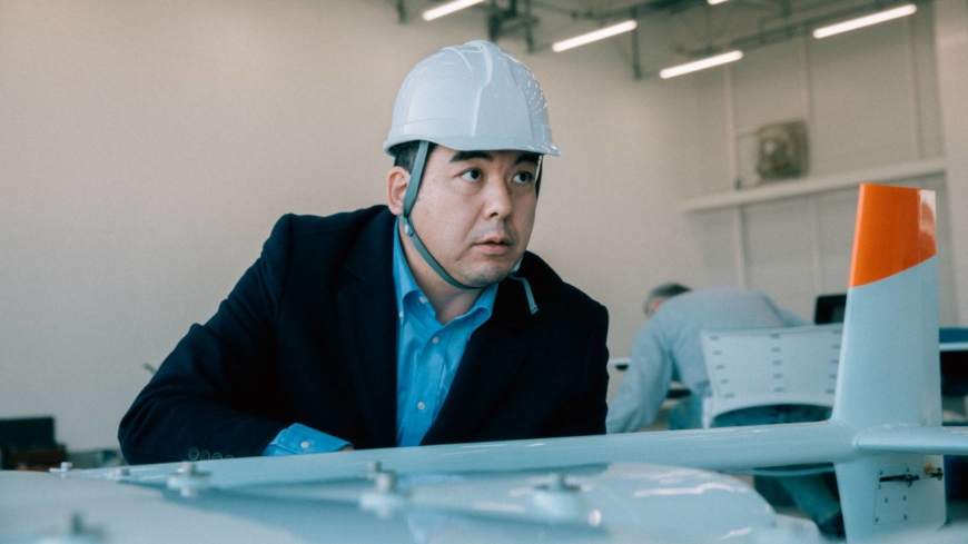 Takahide Matsuura, CEO of Terra Laboratory Co., tests a long-range drone at the Fukushima Robot Test Field in Minamisoma, Fukushima Prefecture, in November.