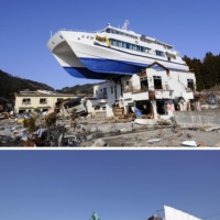 The Hamayuri sightseeing boat (top) sits on the roof of a guesthouse in Otsuchi, Iwate Prefecture, on April 1, 2011, three weeks after being washed ashore by the tsunami disaster. After a project to build a monument there failed, wreckers began to demolish the inn (below) onn Feb. 1. | KYODO