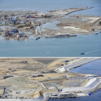 Houses remain submerged (top) in Ishinomaki, Miyagi Prefecture, on March 29, 2011. Ten years later, the houses have been cleared away and a breakwater (bottom) protects the area. | KYODO