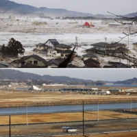 Top: Tsunami-ravaged Rikuzentakata, Iwate Prefecture, on March 11, 2011. The land has since been raised to fend off tsunami and the area remains vacant. | KYODO