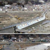 Top: Tsunami overwhelm the breakwater in Miyako, Iwate Prefecture, on March 11, 2011. Bottom: Construction of a replacement breakwater commenced on
Feb. 25.