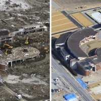 Left: The remnants of the tsunami-devastated Okawa Elementary School stand in Ishinomaki, Miyagi Prefecture, on March 23, 2011. Right: A decade later, the structure of the now-defunct school, shown on Feb. 14, awaits preservation as a reminder of the 74 students and 10 school officials who lost their lives. | KYODO