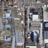 The Fukushima No. 1 nuclear plant is shown on March 20, 2011 (left) and on Feb. 14 this year.