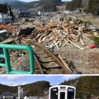 Top: Tsunami debris blocks the Sanriku Railway near Horei Station in Ofunato, Iwate Prefecture, on March 13, 2011. Bottom: A train rolls along the rebuilt tracks in the same area on Jan. 29. | SANRIKU RAILWAY / KYODO