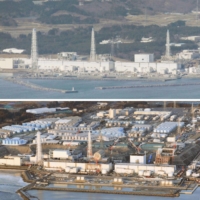 The buildings for reactors 1, 2, 3 and 4 at the Fukushima No. 1 power plant are shown in Fukushima Prefecture on March 17, 2011 (top), and  on Feb. 14 with hundreds of tanks in the background holding contaminated cooling water awaiting disposal. | KYODO