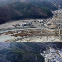 Kamaishi Higashi Junior High School and Unosumai Elementary School, are shown on March 22, 2011, in the wake of the tsunami in Kamaishi, Iwate Prefecture. Kamaishi Unosumai Memorial Stadium (bottom, shown in December) was built in their place and shown in the bottom photo taken last December, was built where the schools were and hosted a Rugby World Cup game in 2019. | KYODO