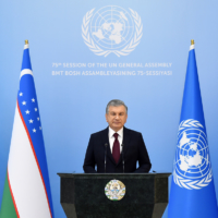 President of the Republic of 
Uzbekistan H.E.  Shavkat Mirziyoyev addresses the 75th session of the United Nations General Assembly on Sept. 23, 2020. | EMBASSY OF UZBEKISTAN IN JAPAN