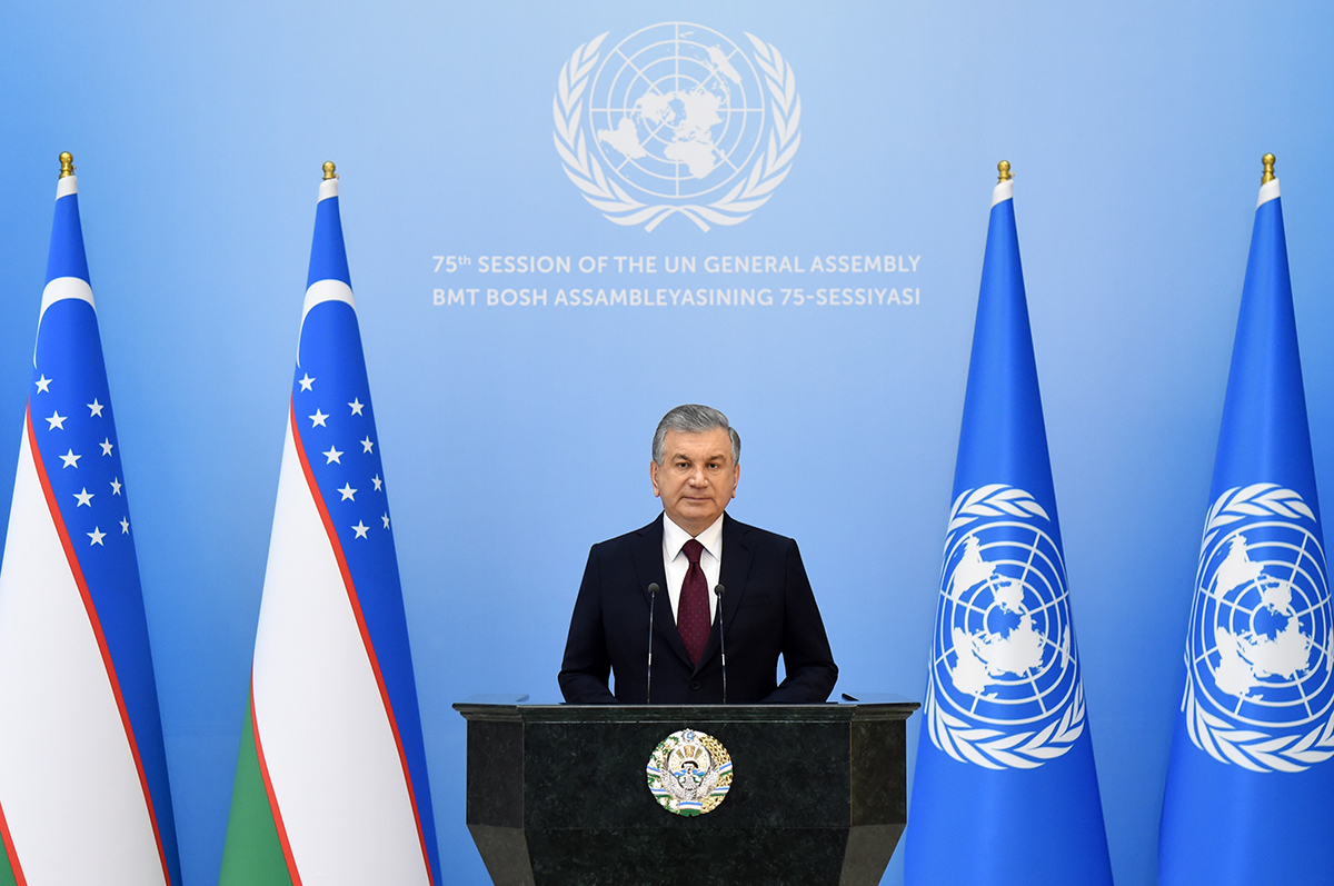 President of the Republic of 
Uzbekistan H.E.  Shavkat Mirziyoyev addresses the 75th session of the United Nations General Assembly on Sept. 23, 2020. | EMBASSY OF UZBEKISTAN IN JAPAN