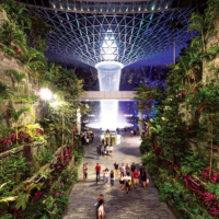 Integrating nature with engineering created the world’s tallest indoor
waterfall at Jewel Changi Airport in Singapore. | © STB