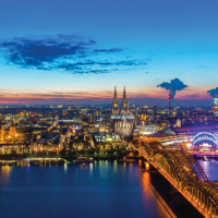 Skyline of cologne at sunset with citiy light. Taken outside with a 5D mark III.