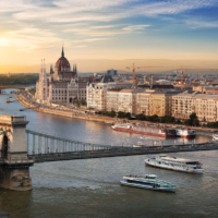 View of Budapest landmarks at beautiful sunset