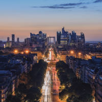 Sunset over Champs-Elysees and La Defense in Paris