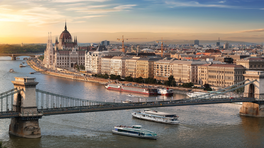 View of Budapest landmarks at beautiful sunset