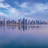 Doha, Qatar - October 11, 2020: The skyline of Doha, Qatar during sunset