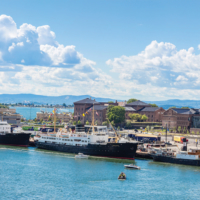 The Oslo Norway Harbor is one of Oslo's great attractions. Situated on the Oslo Fjord in Oslo, Norway on July 29, 2014