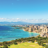 Hawaii panoramic banner view of Honolulu Waikiki beach USA summer travel vacation. Famous american honeymoon destination.