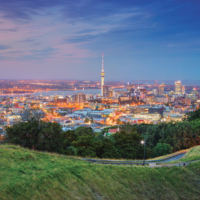 Auckland. Cityscape image of Auckland skyline, New Zealand taken from Mt. Eden at sunset.