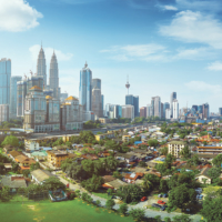 Panorama cityscape view in the middle of Kuala Lumpur city center, day time, Malaysia