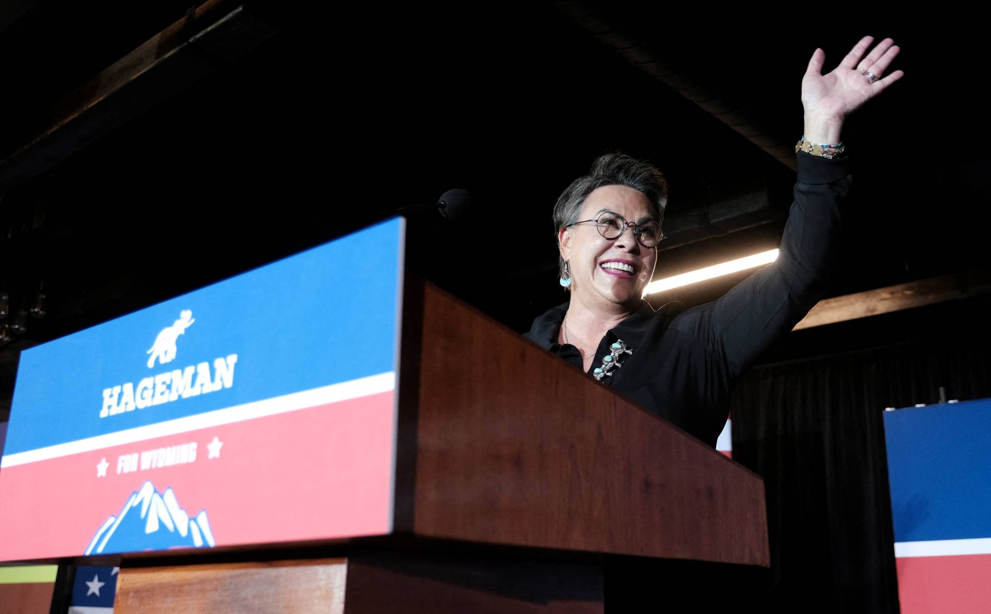 Republican congressional candidate Harriet Hageman gestures during her primary election night party in Cheyenne, Wyoming, on Tuesday. | REUTERS