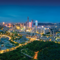 An aerial night view of Dongguan, one of nine municipalities in heavily populated Guangdong province that, in combination with the two Special Administrative Regions of Hong Kong and Macao, constitute the Guangdong-Hong Kong-Macao Greater Bay Area.  | © WEIMING XIE/SHUTTERSTOCK.COM