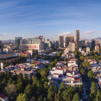 Sunset at Horacio Avenue near Polanco. Panoramuc aerial view near the Palacio de Hierro, you can see in the background the famous mall Antara, Mexico city