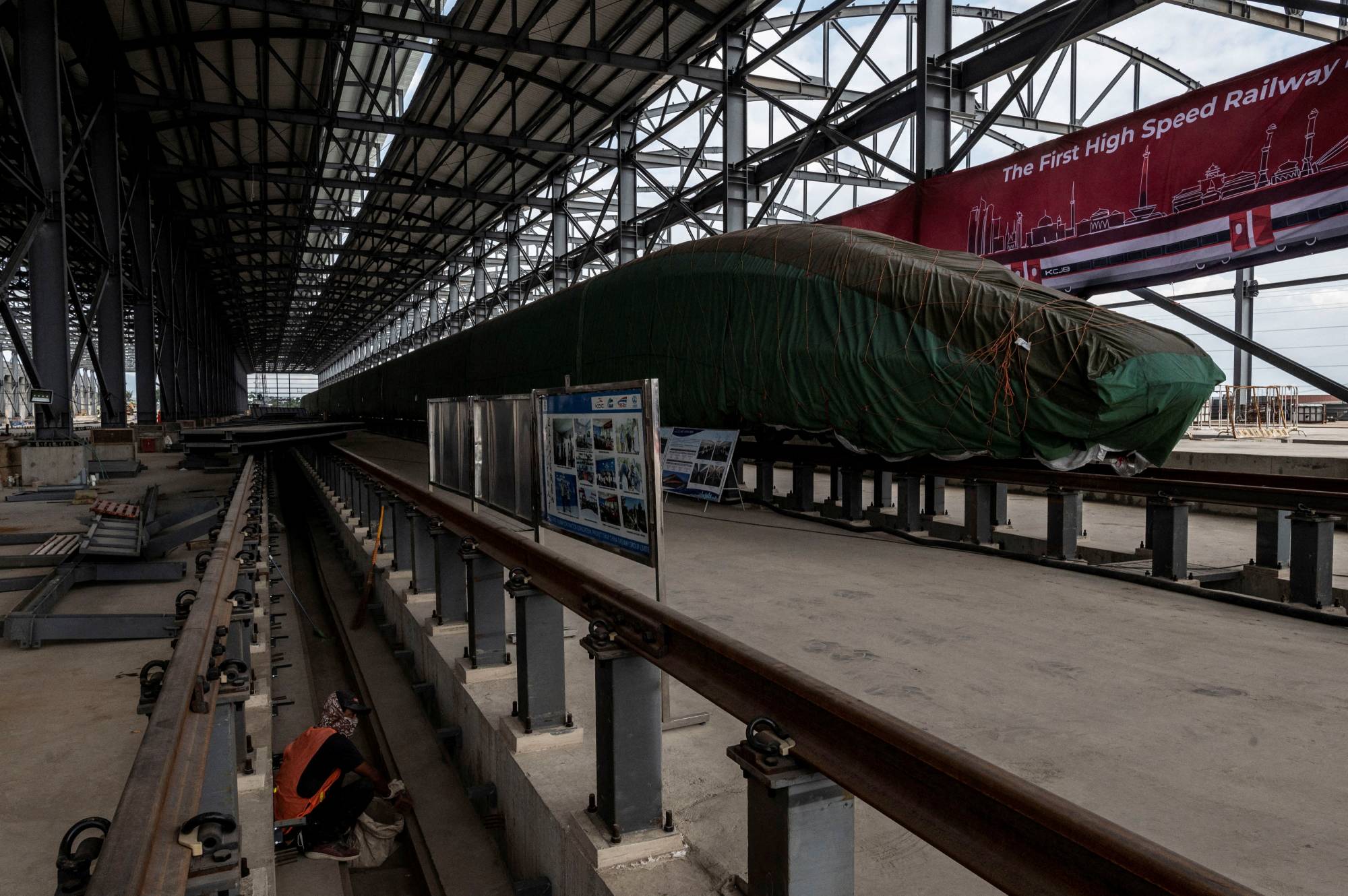 An Electric Multiple Unit high-speed train for a rail link project, part of China's Belt and Road initiative, at the Tegalluar train depot construction site in Bandung, West Java Province, Indonesia, in October | ANTARA FOTO / VIA REUTERS