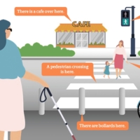 The Eye Navi app uses image recognition and an AI engine to provide voice guidance on the surroundings of people with impaired vision as viewed through their smartphones. | MAEBASHI MUNICIPAL GOVERNMENT