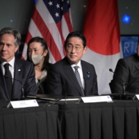 Blinken, Kishida and Hayashi attend the signing a U.S.-Japan space cooperation framework agreement in Washington on Friday. | AFP-JIJI