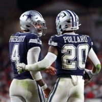 Dallas Cowboys running back Tony Pollard and quarterback Dak Prescott (4) after a touchdown against the Tampa Bay Buccaneers on Monday | USA TODAY SPORTS / VIA REUTERS