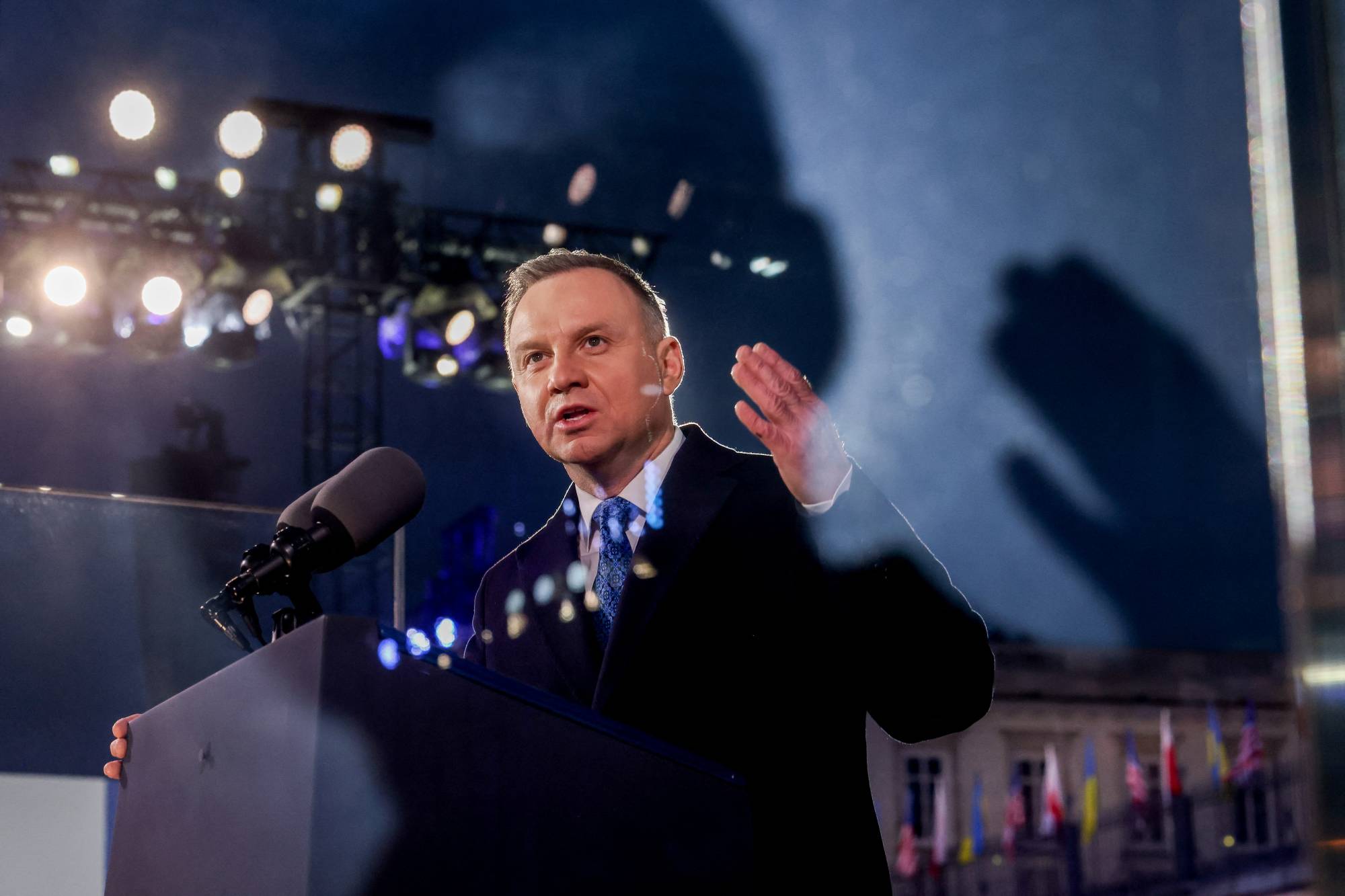 Polish President Andrzej Duda speaks during an event ahead of the one-year anniversary of Russia’s invasion of Ukraine, outside the Royal Castle in Warsaw on Feb. 21 | KPRP / VIA REUTERS 