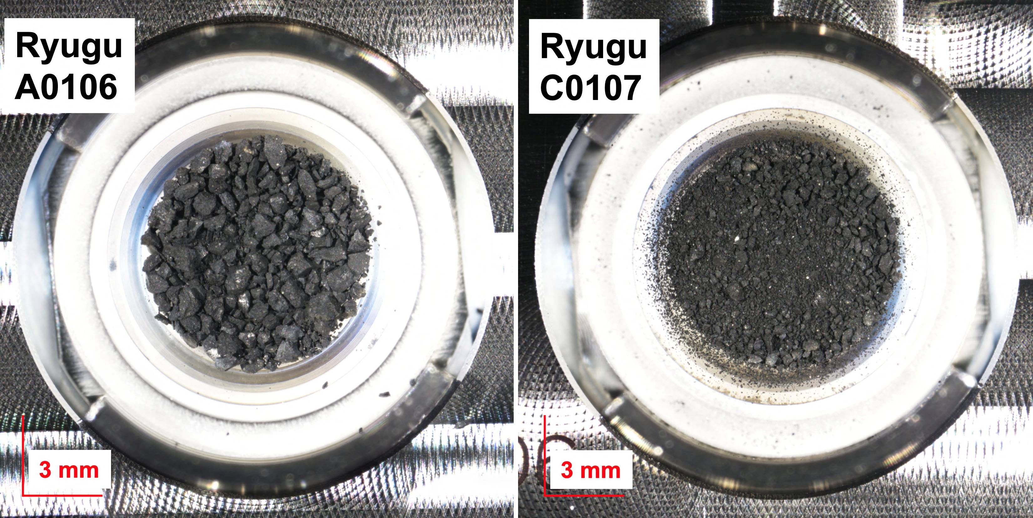 Carbonaceous rock samples retrieved from the asteroid Ryugu that were subjected to chemical analysis by Hayabusa2 soluble organic matter (SOM) team members | COURTESY OF JAXA / VIA REUTERS