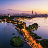 Hanoi, Vietnam - June 29, 2015: Aerial view of Hanoi skyline cityscape near Thanh Nien street at sunset time