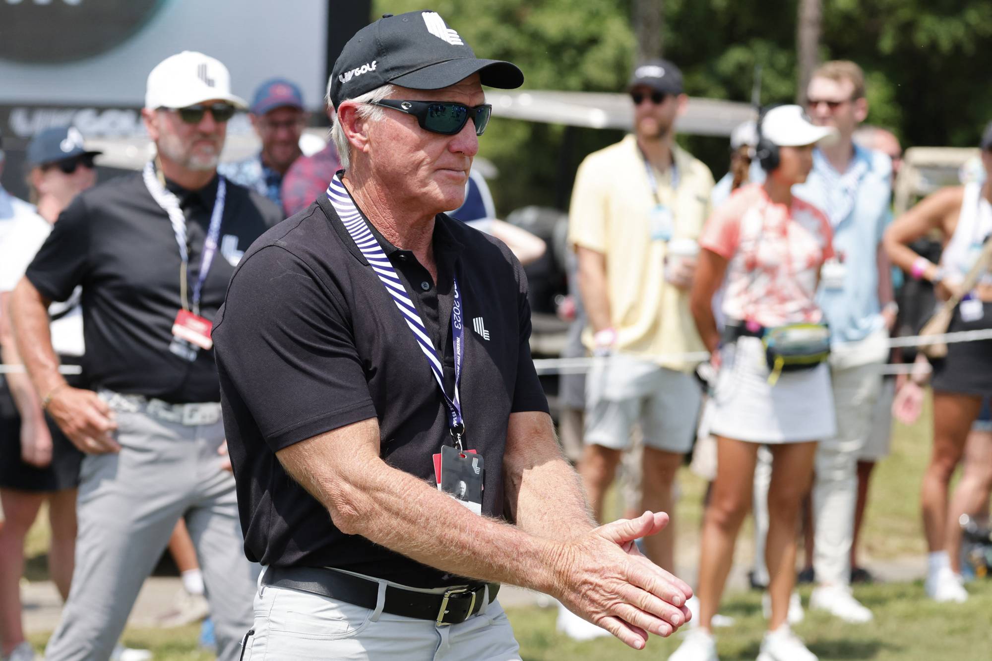 LIV Golf tour Commissioner Greg Norman walks onto the first tee during the final round of a LIV Golf event at Orange County National in Orlando, Florida, on April 2. | USA TODAY/ VIA REUTERS