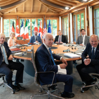 The leaders of the Group of Seven convene for their annual summit at hotel Castle Elmau in Schloss Elmau, Germany, in June 2022.  | POOL/ GETTY IMAGES VIA KYODO