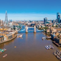 Elevated view of the Financial District of London near the Tower Bridge across river Thames. London. England.