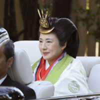 Empress Masako is driven to Ise Shrine in Mie Prefecture on Nov. 22, 2019, for a ceremony marking the completion of two major rites signifying Emperor Naruhito’s enthronement. | KYODO
