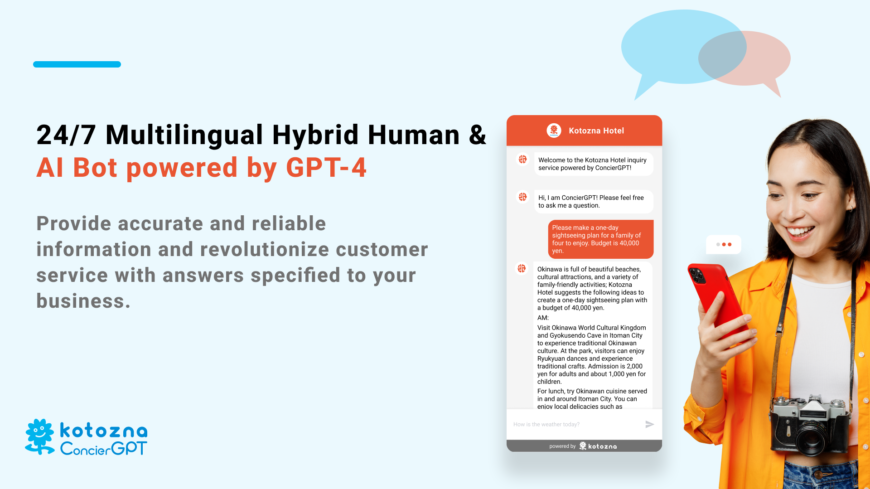 ConcierGPT and Kotozna Kotozna has released ConcierGPT, an interactive communication service for the hospitality and service industry implementing GPT-4