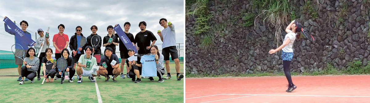 左：KPMGコンサルティング・テニス部の千葉での合宿にて。（注：後列左から二人目）実業団チームとして競技練習に励むとともに、初心者の方ともテニスを一緒に楽しむことでコミュニケーションを図ることができ、大変充実した場になっています。<br /> 右：休日も仲の良い友人や会社のテニス仲間と試合や練習に出かけます。みんなで一日運動した後、 温泉で汗を流して、一緒においしいご飯を食べるのが一番の幸せです。
